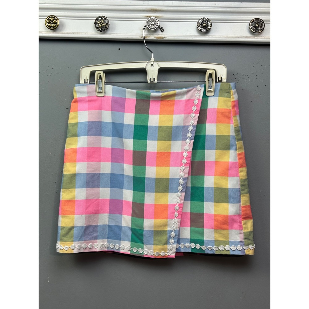 Crown & Ivy Skort Women 8 Multicolor Gingham Wrap Front Eyelet Trim Mini Skirt